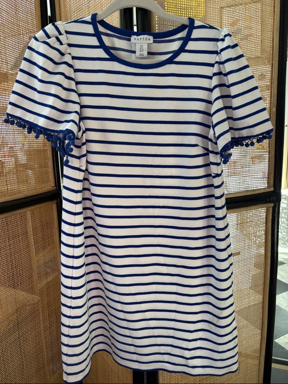 HEYTON NAUTICAL White/Royal Blue Striped Short Sleeve Dress Fringe Trim Size 8